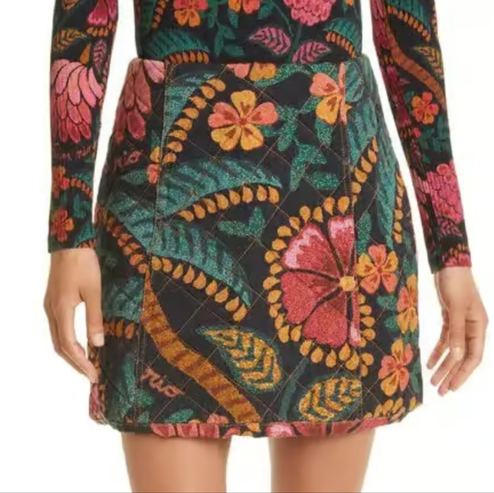 FARM Rio Black Floral Quilted Mini Skirt with Pink, Green & Gold Accents